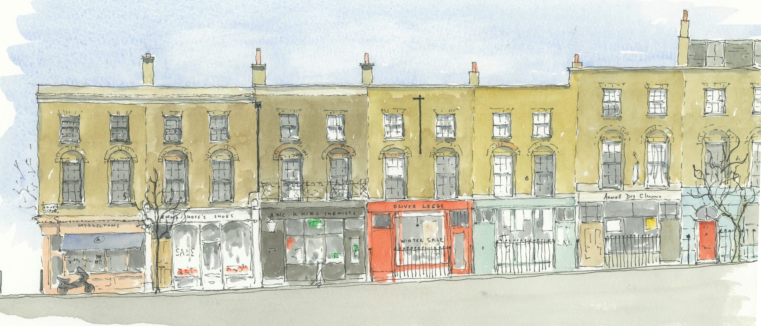 Jean Elrington painting 32 - Amwell Street, row of shops EC1 [looking west]