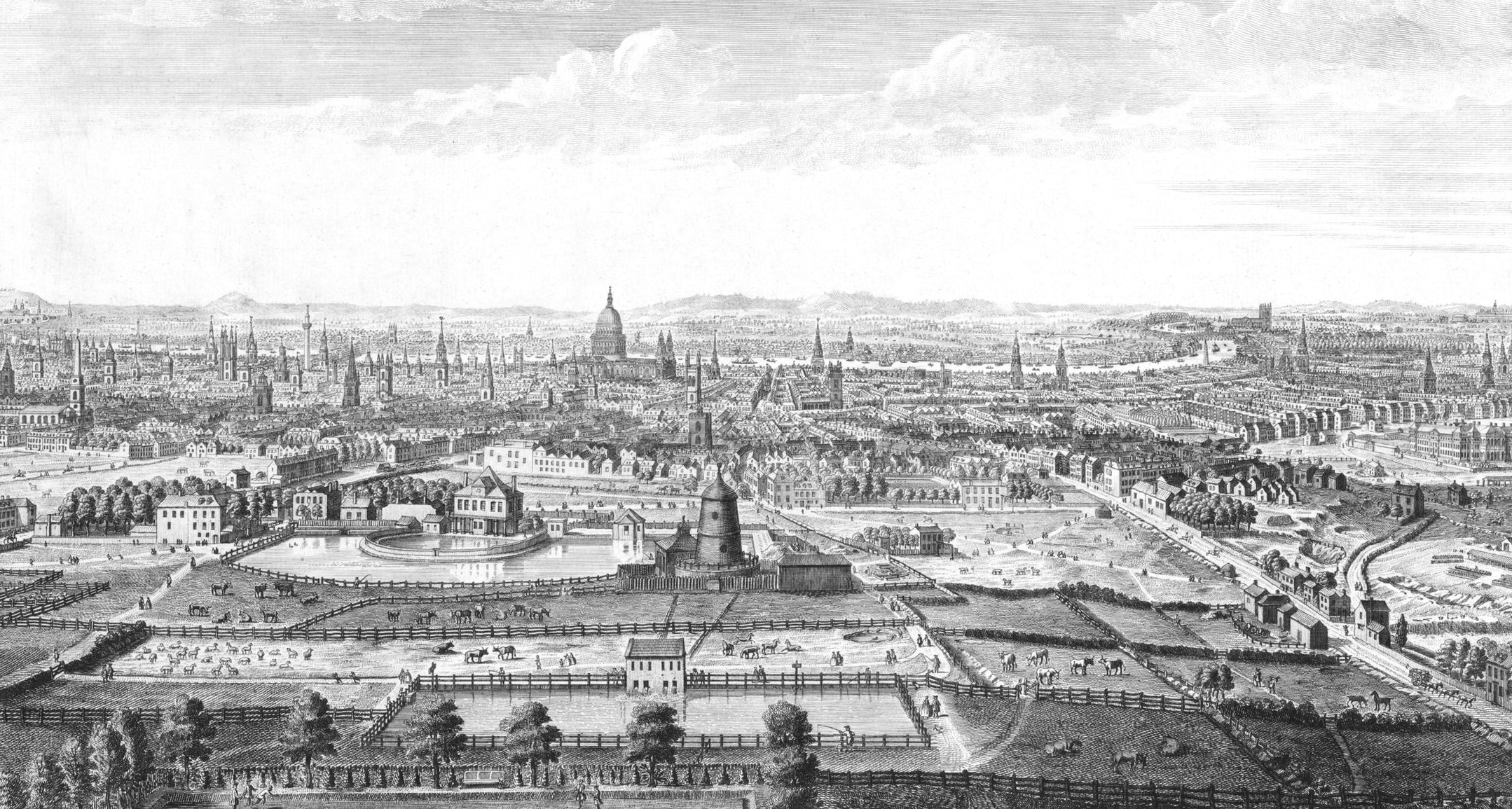 1752 – A view of the City of London from a painting by Thomas Bowles Source – A Village in London published by The Amwell Society 1974 revised 2004/5